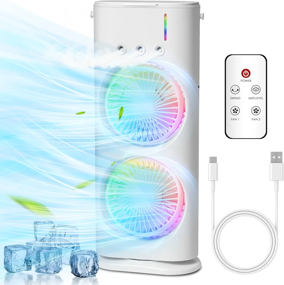 Rechargeable Double Ended Spray Fan USB Portable Cooling Fan with Remote Rotatable Mini Cooler Mist Humidifier Cooling Air Cooler for Home Office Bedroom Kitchen Travel